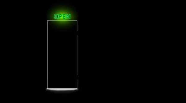黒い閉じたドアとネオンオープン緑のランプ 暗い背景 現実的なライトシルエットスリット戸口 テキスト表示付きのアブストラクトルーム ベクターイラスト Eps — ストックベクタ