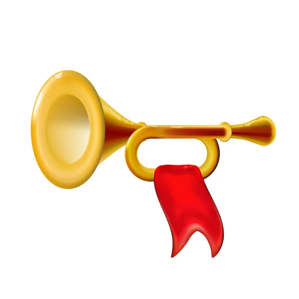 Realisztikus Fanfare Arany Trombita Ikon Piros Zászlóval Elszigetelt Fényes Szél — Stock Vector