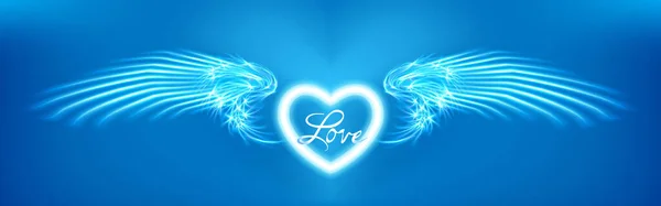 Jasnozielone Serce Anielskie Skrzydła Niebieskim Tle Świecąca Fantazja Atrybut Walentynki — Wektor stockowy