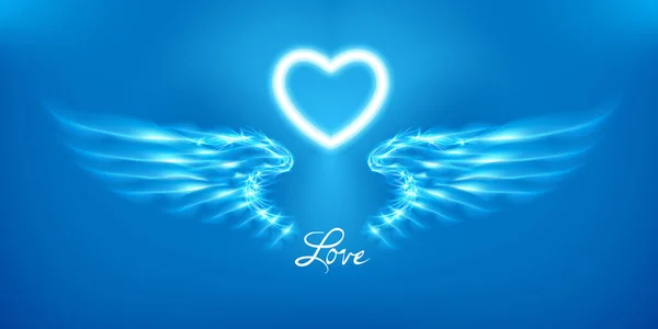 Białe Skrzydła Anioła Serce Niebieskim Tle Świecąca Fantazja Atrybut Walentynki — Wektor stockowy