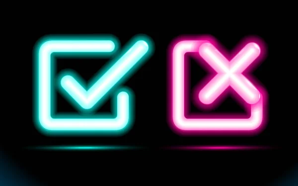 Neon Σύνολο Μπλε Φανός Checkmark Ροζ Crosshair Εικονίδια Ένα Τετράγωνο — Διανυσματικό Αρχείο