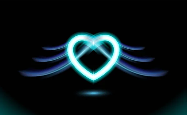 翼を持つ抽象ネオンハート ゴシックアニメ バレンタインデーの愛の青の輝き放射効果 休日のデザイン 夜のロマンスのコンセプトの愛 ダークベクトル発光照明アートイラスト — ストックベクタ