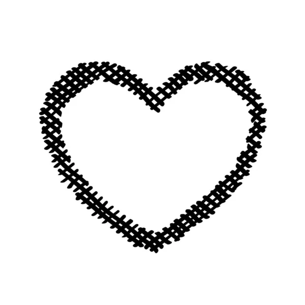 スクリブル斜めのハッチングは バレンタインデーのためのシンボルの愛 黒のハート型のフレームを交差します 背景の手描きの画像 影のバッジの形をスケッチ モノクロームベクトルデザイン 絶縁図 — ストックベクタ