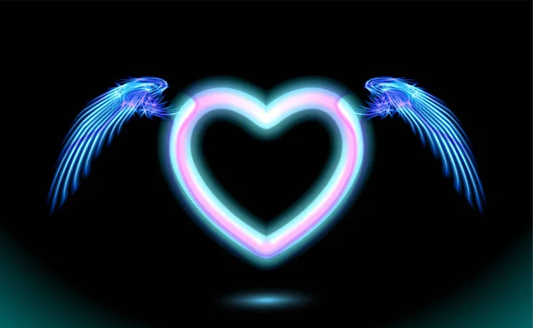 翼を持つハートアニメネオン バレンタインデーのためのスペースと愛の青の輝き放射効果 装飾的な休日のデザイン 夜のロマンスの概念の愛 ダークベクトルアートとイルミネーションイラスト 第十話 — ストックベクタ