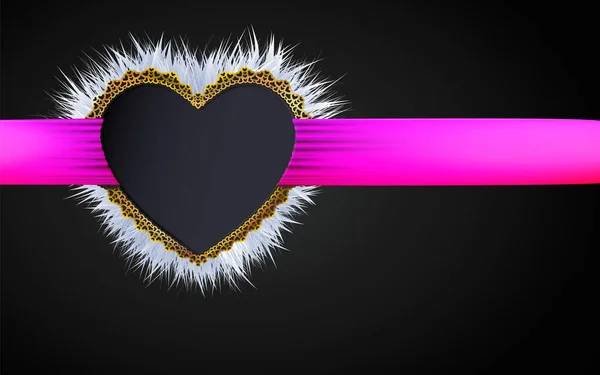 Золотая Рамка Сердца Форме Узора Маленьких Сердец Шелковой Розовой Ленты — стоковый вектор