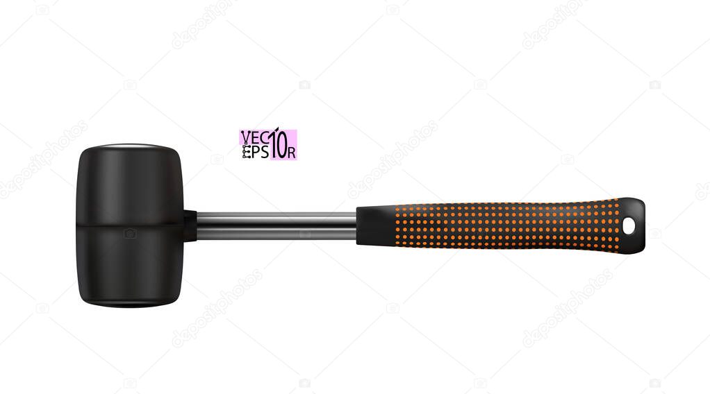 Rubber mallet black modern realistic with handle of metal. Locksmith work tool isolated on white background. Vector illustration Eps 10.