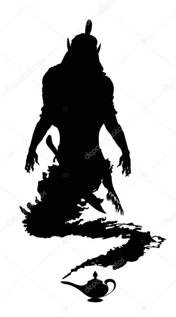 Arabic genie lamp black silhouette isolated on white background. Outline of figure of hero of Eastern fairy tales. Vector illustration Eps 10.