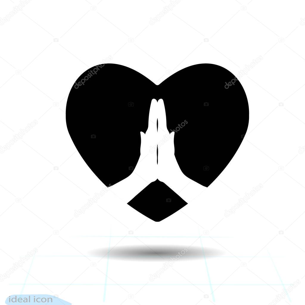 Heart vector black icon, Love symbol. The silhouette hands folded in prayer in heart. Valentines day sign, emblem, Flat style for graphic and web design, logo. A vector illustration.