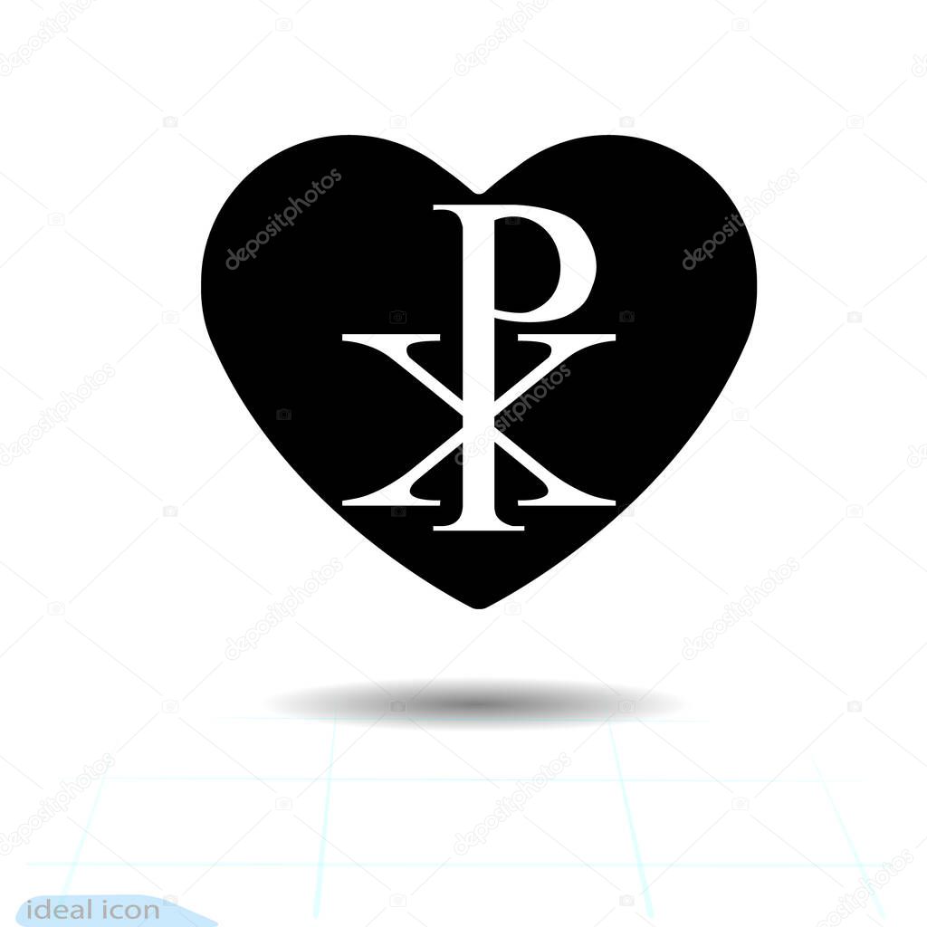 Icon heart. Happy love. Valentine s Day. Flat style for graphic design, logo. Shadow. Vector. Chi RHO symbol with drop shadow. Christogram. Labarum isolated on white background. Khrismon