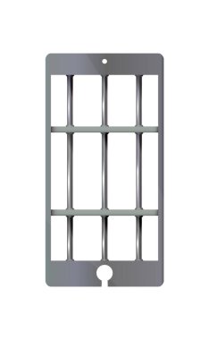 Nomofobi ya da cep telefonu bağımlılığı, simge karanlığı. Parmaklıklı akıllı telefon tabelası. Sembol hapishane hücreleri, tablet bilgisayar, cep telefonu sohbet tasarımı. Vektör çizimi. İnternet gerçekçi metali. İzole edilmiş.