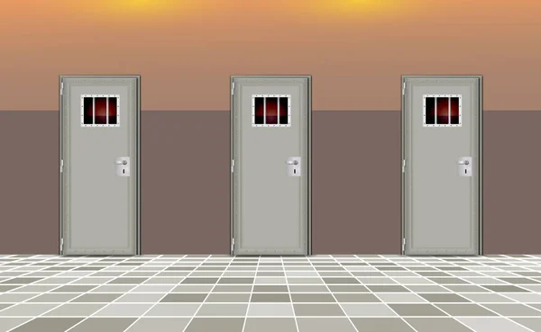 Внутренняя Тюрьма Европы Тюремные Камеры Современные Серыми Дверями Решеткой Темноте — стоковый вектор