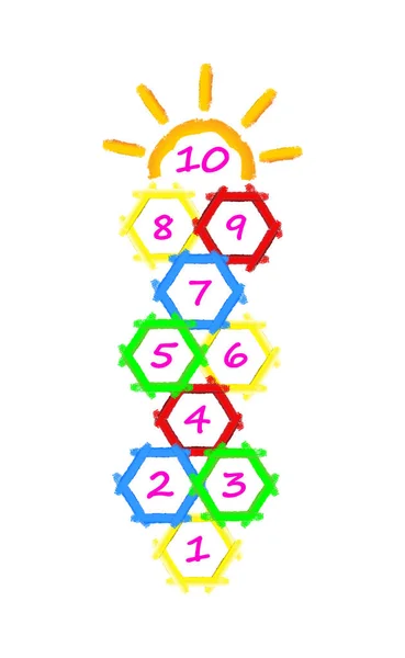 Hopscotch Spel Borstar Stroke Med Illustration Barn Barnens Gatuspel Hexagonal — Stock vektor
