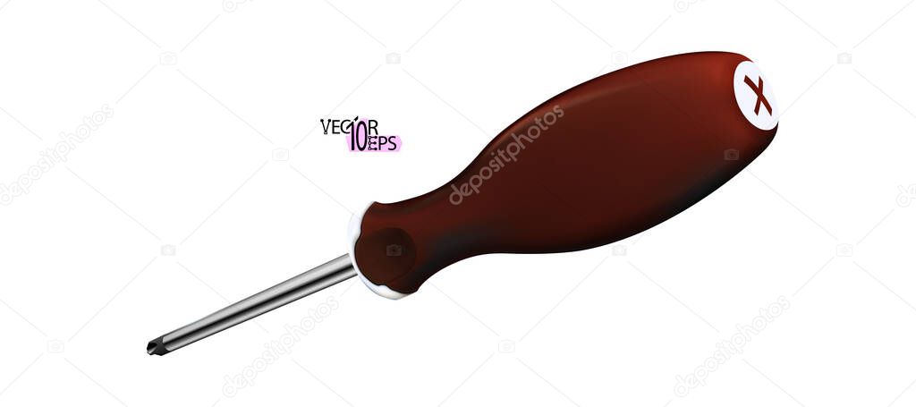 Dark red professional realistic screwdriver with a plastic handle. isometric 3d construction tool isolated on white background. Vector illustration. Cruciform for repair and construction. Eps 10.