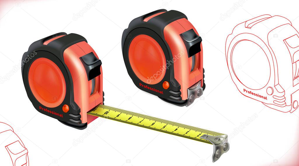 Realistic Tape measure isolated on white background. Photo-realistic roulette construction tool isometric. Length measuring. Design case in red-black version. Vector illustration Eps 10.