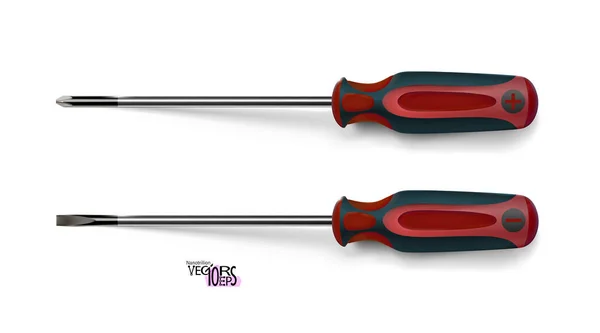Красные Профессиональные Реалистичные Отвертки Пластиковой Ручкой Ручные Металлические Инструменты Изолированы — стоковый вектор