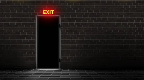 Brick Wall Door Neon Exit Lamp Dark Background Realistic Light — Stock Vector