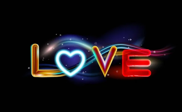 Abstraktní Pozadí Nápis Láska Neonovým Zářivým Efektem Srdce Vícebarevný Rekreační — Stockový vektor