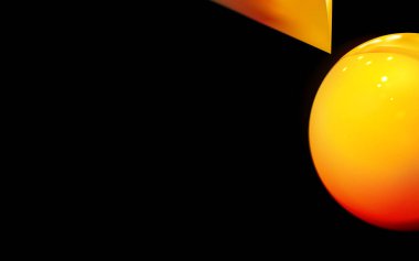 Soyut gerçekçi minimum arkaplan, parlak altın ya da sarı küre siyah zemin. Tasarım nesneleri ve boş alan için 3d kontrastı. Yakın plan minimalist kehribar tonları. Vektör illüstrasyonu Eps 10.