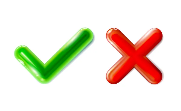 Realistic Green Checkmark Red Crosshair Icon Tick Set Symbol Plastic — Stock Vector