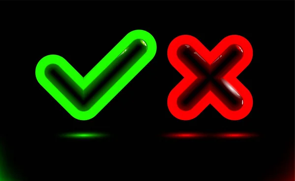 绿色的标志和红色的十字图标 Tick Set Symbol 三维现代色彩艳丽的观赏性水彩画元素 深色背景 带有阴影的奢华设计 矢量图解 Eps — 图库矢量图片