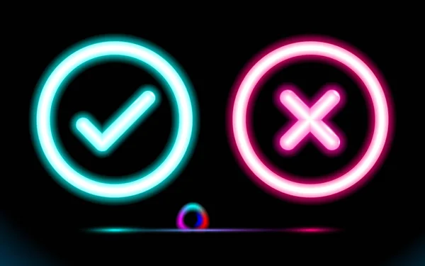 Neon Set Blue Lamp Checkmark Pink Crosshair Icons Circle Tick — Stock Vector