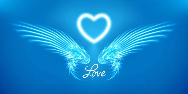 Alas Ángel Blanco Corazón Sobre Fondo Azul Fantasía Brillante Atributo — Vector de stock