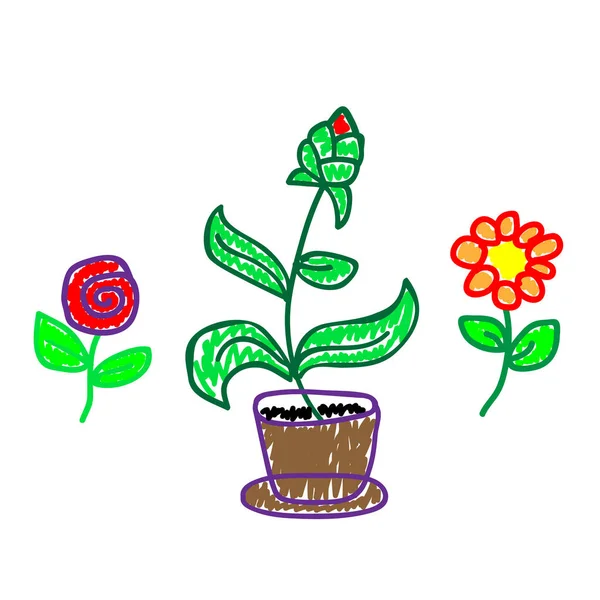 Nastavte Květiny Záměrně Dětinském Stylu Imitace Dětské Kresby Dětská Kresba — Stockový vektor