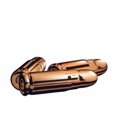 Üç boyutlu altın ya da pirinç tabanca fişeklerinin bileşimi. Beyaz arka planda izole bir gerçekçilik. Kurşun karikatürlü, izole edilmiş altın kartuş. Tabanca mermisi. Vektör illüstrasyonu Eps 10.