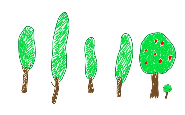 Посадить Дерево Яблоню Намеренно Детски Имитация Детского Рисунка Детский Эскиз — стоковый вектор