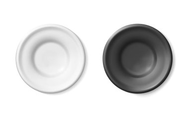Mockup Black, beyaz boş tabak çanak çömlek ya da seramik. Plastik temizliği boş. Basit bir porselen, parlak bir toprak parçası. Vektör tablo çizimi gerçekçi şablon tasarımı. Bölüm 10.