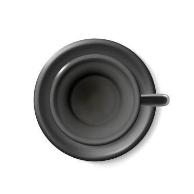 Kahve ve çay için boş, gerçekçi, boş, siyah bir fincanın üst görünümü. Çay seti bir fincan fincan üzerinde bir fincanın üç boyutlu çizimi ayrıntılı, izole bir ışık arkaplanı. Gölgeli EPS10.