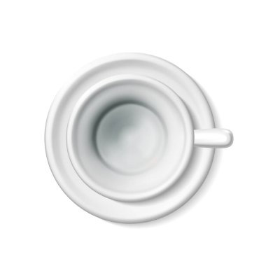 Kahve ve çay için boş, gerçekçi, boş, beyaz bir fincanın üst görünümü. Çay seti bir fincan fincan üzerinde bir fincanın üç boyutlu çizimi ayrıntılı, izole bir ışık arkaplanı. Gölgeli EPS10.