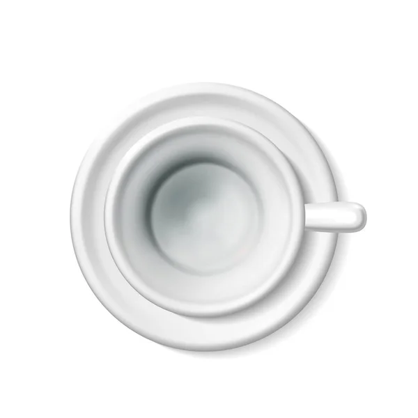 コーヒー 紅茶のための現実的な空白の空の白いカップのトップビューモックアップ ソーサーの細部にマグカップの3Dイラストをセットしたティーセット 影のあるEps10 — ストックベクタ