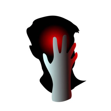 Baş ağrısı, migren, ağrı, kafa kafaya baskı. Sağlık sorunları, yorgunluk, sıkıntı, hüsran. Üzüntü, endişe ve stresten olabilir. Vektör illüstrasyonu EpS10.