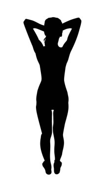 Genç kız, siyah siluet beyaz arka planda izole edilmiş. Seksi güzel poz. Saçlarımı yapıyor. Vektör illüstrasyonu Eps 10.