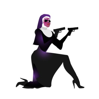 Bir aksiyon filmi çekiminde siluet gibi güzel bir rahibe silah sesiyle poz verdi. Siluet kız, bayan vektör ajan çizimi. Dua ederek silahla ateş etmek. Ruhanilik. EPS10