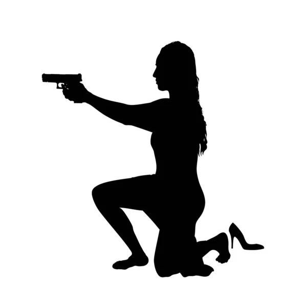 Vrouwelijke Schietpartij Vrouwelijk Silhouet Mooie Vrouwelijke Spion Shootout Heroïne Zitten — Stockvector