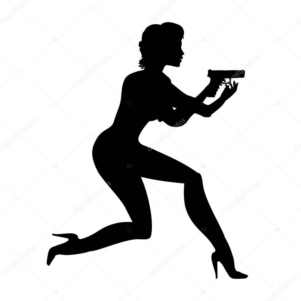 Lady decided running with a gun. Silhouette Woman, girl vector illustration of spy. Person a shoot of young armed.