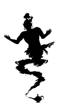 Beyaz arka planda izole edilmiş Arap cini lamba siyah silueti. Doğu masallarının kahramanının ana hatları. Vektör illüstrasyonu Eps 10.