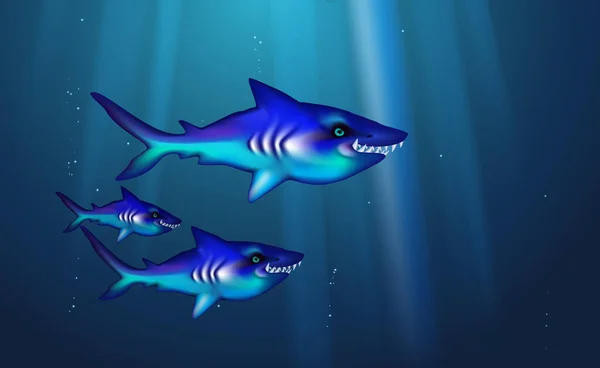 Tiburones Depredadores Salvajes Fondo Azul Pequeño Rebaño Peces Dibujos Animados — Archivo Imágenes Vectoriales