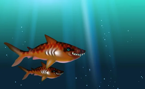 Modré Pozadí Tygří Žraloci Divoký Dravec Zubatý Hladový Naštvaný Velkými — Stockový vektor