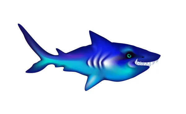 Tiburón Con Dientes Grandes Caricatura Azul Divertido Personaje Aislado Océano — Vector de stock