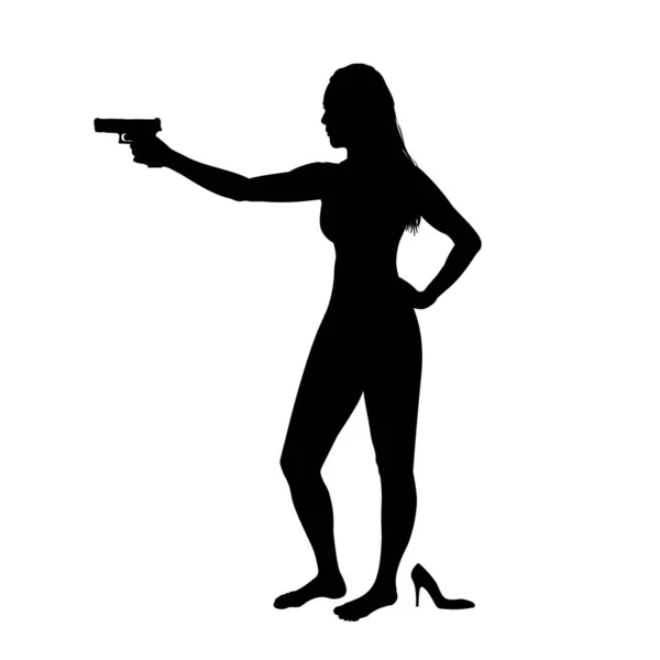 Mädchen Schießen Weibliche Silhouette Isoliert Schöne Frau Spion Schießerei Heldin — Stockvektor