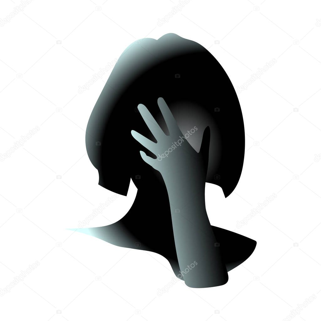 Close-up of her hand covered female face. Girl closed face. Head hurts and It may be because of regret or anxiety and stress. Vector art drawing illustration.
