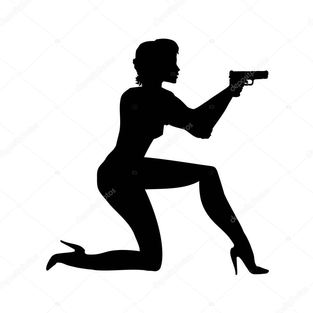 Silhouette girl in an action movie film shootout pose with a gun sit. Silhouette Woman, lady vector illustration of spy. Person a shoot.