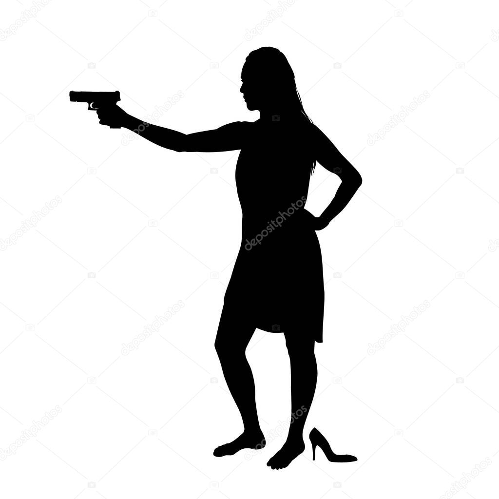 Girl shooting, female isolated silhouette. Beautiful woman spy in shootout. Heroine stands and aims, film action style. Vector illustration Eps 10.