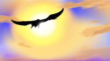 Bir şahin ya da kartal silueti ile sanat arka planı, şafak renginde ışık saçan mavi gökyüzünde uçuyor. Sabah manzara cenneti, bulanık bulutlar. Vektör illüstrasyonu Eps 10.
