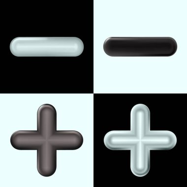 Matte Plus ve Minus ikonu, Beyaz ve Siyah sembol. Ui veya reklam için gerçekçi plastik nesneler tasarlayın. İnci kokulu, koyu çikolata renkli 3 boyutlu, izole Eps 10.