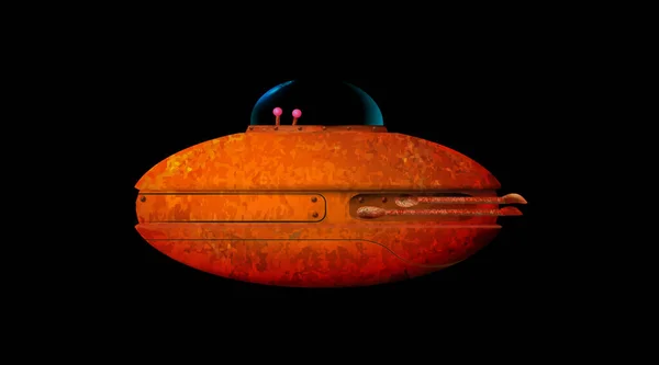 漫画の3D古いUfo 白い背景に隔離された錆びた宇宙船 未来的なオレンジ色の宇宙船側の眺めを異星人達 侵略ベクトルの概念 ベクトルイラスト Eps — ストックベクタ