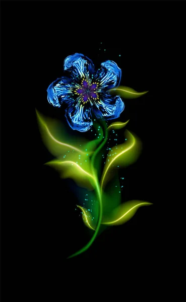 Moderne Gloeiende Blauwe Bloem Kleurrijk Kosmisch Bloemenelement Zwarte Achtergrond Mooie — Stockvector